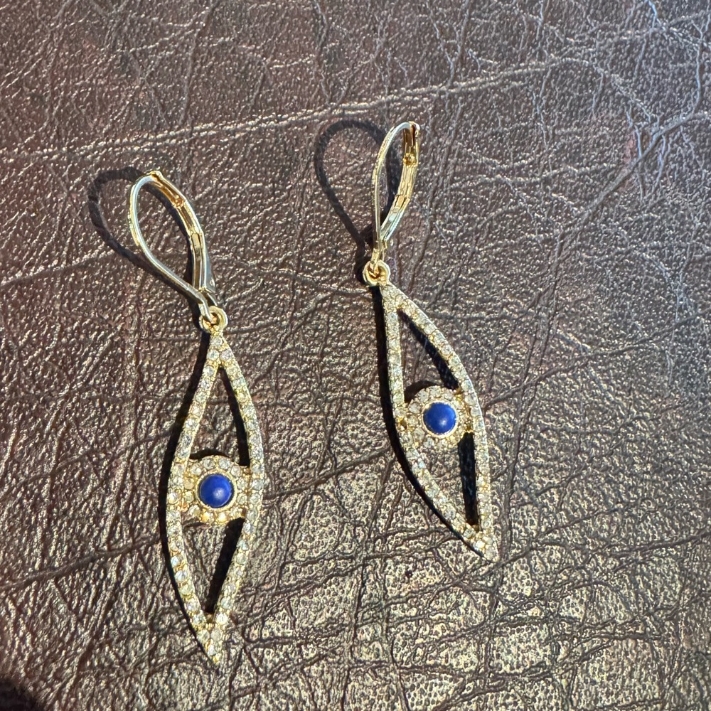 Evil eye drop earrings, gold colored with blue and rhinestones